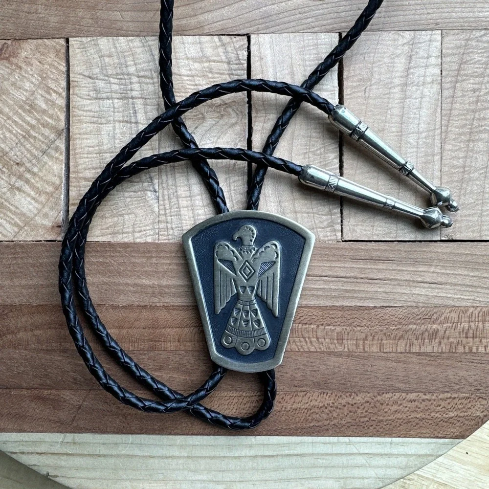Woolaroc Thunderbird‎ Native American Bolo Tie 35 Inch Leather 925 Sterling